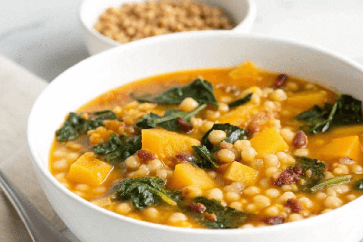 Fregola invernale con zucca, lenticchie e cavolo nero