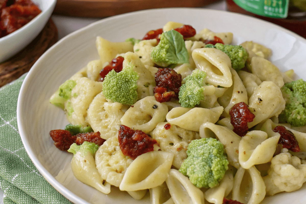 Pasta con crema di cavolo romanesco e pomodori secchi